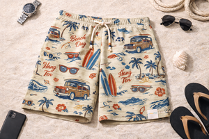 กางเกงชายหาดผู้ชายแบบสั่งทำพิเศษ – กางเกงขาสั้นลำลองพิมพ์ลายวินเทจเอวยางยืดพร้อมเชือกผูก (สีเบจ) - Product Image 2