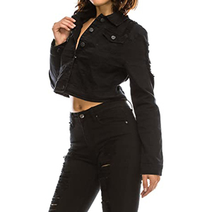 Women's <b>Cropped</b> Trucker <b>Jacket</b> Black Long Sleeve Button Front Solid Color Turn-down Collar Full Sleeve Casual Autumn Wear - Product Image 2