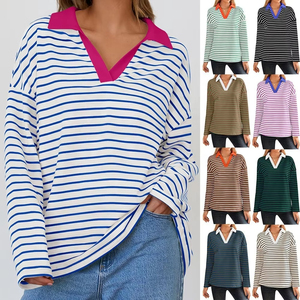 Logo personnalisé OEM Designer T-shirt rayé à col en V et à manches longues pour femmes Pull Sweatshirt T-shirt à col bicolore OEM - Product Image 1