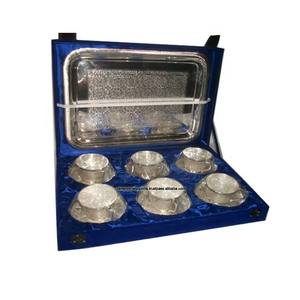 Engraved Design Brass Cup and Saucer Set With <b>Tray</b> in Silver Plated Finished Perfect Festive Diwali Gift for Home & <b>Office</b> Decor - Product Image 6