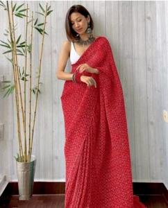 Red Indian Boutique Bollywood Designer BridaL Party Bandhani Style Digital Printed Saree Exclusive FAncy Latest Georgette Sari - Product Image 1