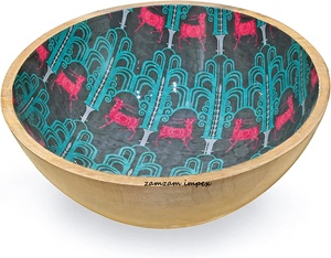Saladier artisanal en bois de manguier avec motif damassé cerf et service à salade assorti – Ensemble de service rustique pour cuisine et table à manger - Product Image 2