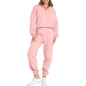400 GSM à la mode femmes goutte épaule survêtements 100% coton demi fermeture éclair surdimensionné sweat avec survêtement pantalon ensemble - Product Image 5