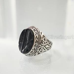 Vente en gros de bague pour hommes, tourmaline noire brute naturelle, pierre précieuse, bague de naissance d'octobre, bijoux arabes fins, bague en argent sterling 925 - Product Image 2