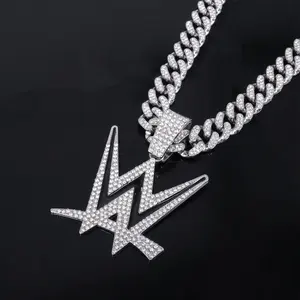 Collar con Colgante de Letra Hip Hop para Hombre, Chapado en Plata, Micro Pavé, Zirconia Redonda, Cadena con Eslabones en Forma de W, Joyería de Moda para Fiesta, Regalo, Venta al por Mayor - Product Image 2
