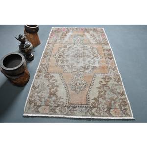 Alfombra turca Vintage Beige-Marrón 4,3X6,9 pies Tejido plano de lana con patrón de retazos para decoraciones de sala de estar Uso de pasillo - Product Image 1