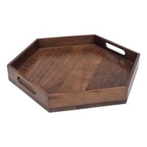 Bandeja de madera ahuecada hecha a mano bandeja para servir desayuno con asas Plato decorativo de madera para Cocina - Product Image 5