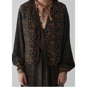 Gilet croisé long en cachemire moutarde pour femme Dylan, en cuir véritable, avec broderies, grandes tailles - Product Image 1