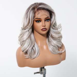 DWY High Quality Silver Gray <b>Wig</b> Transparent Lace Wavy Curly <b>Afro</b> Short Curly Synthetic Fiber Hair Heat-Resistant Includes Bangs - Product Image 3