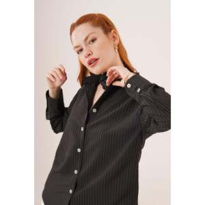 เสื้อเชิ้ตสีดำลายเส้นละเอียดสำหรับผู้หญิง Lustrin ขายส่ง - เสื้อเชิ้ตแขนยาวติดกระดุมทันสมัยสำหรับใส่ทำงานแบบลำลอง - Product Image 5