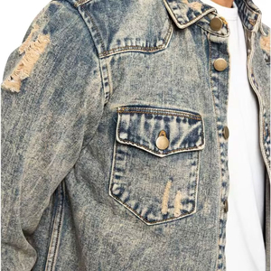 Veste en jean pour homme 100% coton Style streetwear Respirant Vêtement d'extérieur Hiver Col montant Logo frontal Taille personnalisée OEM Vente en gros - Product Image 5