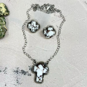 Handmade Sterling Silver Wild Horse Turquoise <b>Cross</b> <b>Necklace</b> Earrings Set Spiritual Western Jewelry Gift - Product Image 1