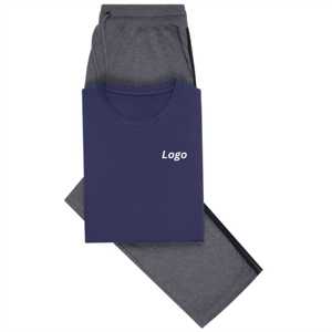 Navy Plain T-Shirt <b>Pajama</b> <b>Set</b> 100% Cotton Knit Lounge <b>Set</b> Soft & Breathable Half Sleeve Sleepwear with O-neck Tee & Pants - Product Image 1
