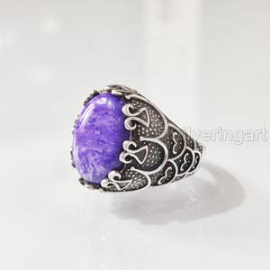 Anillo de Piedra Natural para Hombre, Piedra Preciosa de Charoita Natural, Todos los Tamaños, Joyería de Aniversario Otomano, Anillo de Plata de Ley 925 - Product Image 2