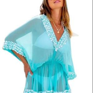Robes de plage courtes brodées à col en v Transparent pour femmes, Sexy, Mini longueur décontractée - Product Image 1