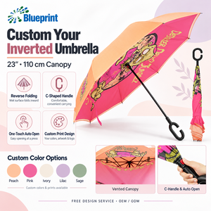 Paraguas Divertidos Rosados con Mango en Forma de C, Apertura Automática, Doble Capa Invertida, Personalizables con Imágenes de Dibujos Animados - Product Image 1