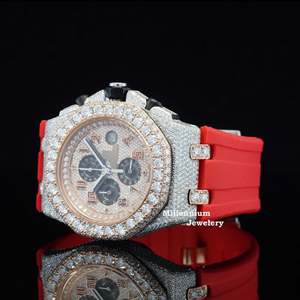 นาฬิกาโครโนกราฟเพชรโมอิสซาไนต์แบบ Iced Out สำหรับผู้ชาย ตัวเรือนสแตนเลส สายซิลิโคนสีแดง หน้าปัดทรงกลม นาฬิกาแฟชั่นอัจฉริยะสำหรับทุกวัน - Product Image 4