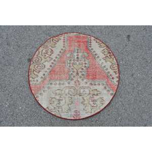 Alfombra turca Vintage de 2,7x2,7 pies, lana roja y Beige, diseño de retazos de área grande para pasillo, dormitorio, habitación rectangular de látex para cabecera - Product Image 1