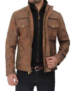 Chaqueta desgastada de seis bolsillos marrón claro Cuero puro original de calidad superior para hombres Invierno Maximizar el desgaste - Product Image 3