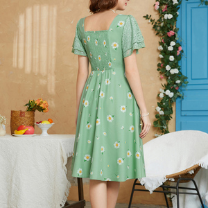 사용자 정의 인쇄 여자의 여름 짧은 퍼프 슬리브 칵테일 원피스 1950s 60s 빈티지 V-넥 라인 꽃 스윙 드레스 벨트와 - Product Image 3