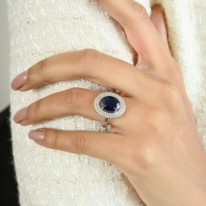 Nuevo lujo fino Real oro blanco Natural zafiro azul y Diamante doble racimo anillos Unisex boda declaración joyería - Product Image 4