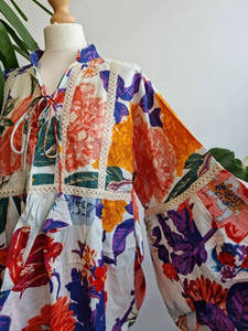 Blusa Bohemia Floral de encaje de algodón puro de alta calidad, blusa elegante de verano con cuello en V, gasa, estampado de bloque indio, ropa de día informal corta - Product Image 3