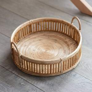 Plateau de service en jute de rotin décoratif fait à la main avec finition en incrustation d'os Ensemble de 3 plateaux de serveur de nourriture de forme arrondie - Product Image 1
