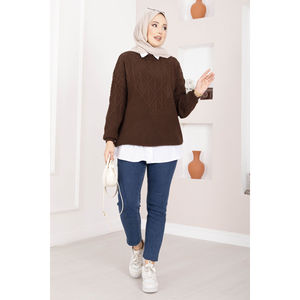 Cardigan marron à motif torsadé, brodé, décontracté, basique, avec fermeture éclair, pour l'hiver et l'automne, à rayures sur le devant - Product Image 4