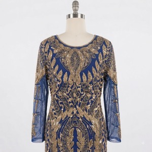 Robe de soirée longue en satin bleu royal moderne, brodée d'or, respirante, à manches longues, robe de soirée de luxe - Product Image 2