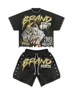 Vêtements décontractés sur mesure de haute qualité toutes saisons Ensemble chemise courte d'été tendance avec design délavé au soleil et strass - Product Image 4