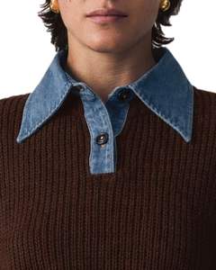 Suéter Corto de Punto Marrón con Cuello de Mezclilla Azul para Mujer, Informal, de Invierno, Jersey de Manga Larga, Suave y Cálido, Estilo Urbano - Product Image 4