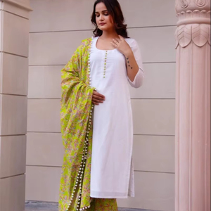 Ensemble Kurta en coton blanc et vert SUNHARI avec dupatta imprimé et pantalon, tenue décontractée pour adultes, à porter pour les fêtes - Product Image 1