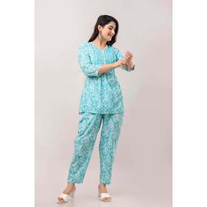 Bleu turquoise imprimé fleuri miroir travail col en V haut et pantalon pur coton ensemble pour femmes - Product Image 3