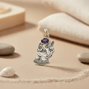 "Rhodium-Plated Egyptian Cat Pendant with <b>Blue</b> Gemstones (Emerald Zircon Trendy)" - Product Image 3
