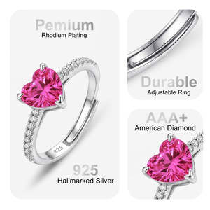 NOVAMART Fine Hallmark 18K Gold Plated Trendy <b>Silver</b> Pink Blush Heart <b>Ring</b> Free Size with <b>Adjustable</b> Opening Inlaid for Engageme - Product Image 3