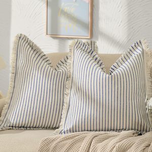 Oreiller 18x18 taies d'oreiller rayées oreillers décoratifs housses de coussin carrées pour canapé canapé lit salon ferme sans Latex - Product Image 1