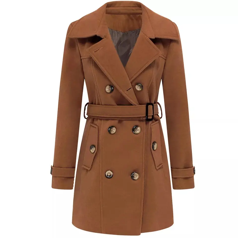 Moda kadın bayanlar için yün paltolar dokuma ceket yün ceket en iyi satış sıcak kış Vintage Polyester kumaş ince siper düzenli