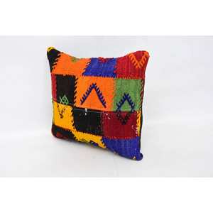 Oreiller patchwork Kantha en laine multicolore 18x18 pouces Oreiller 16x16 brodé avec imprimé vintage - Product Image 4