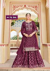 Meilleure qualité nouveau Design moderne 2023 Chanderi imprimé et broderie travail Kurti Sharara avec dupata au prix de gros - Product Image 5