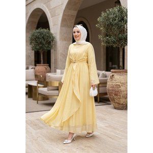 <b>Custom</b> Designed Yellow Chiffon A-Line <b>Dress</b> High Collar Gold Brooch Integrated Bolero Empire Long Floor-Length Available XS XL - Product Image 1