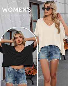3 packs de t-shirts surdimensionnés à manches courtes pour femmes, col en V, t-shirts baggy avec ourlet irrégulier, t-shirts respirants pour l'hiver - Product Image 5