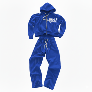 Survêtement en molleton d'hiver personnalisé avec strass pour homme, de haute qualité, vintage, avec patchs usés, sweat-shirt à fermeture éclair en coton, pantalon de survêtement - Product Image 2
