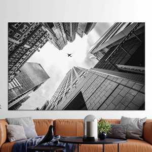Arte Moderno en Vidrio para Pared: Impresión en Lienzo de Paisaje Urbano con Avión en el Cielo, Lienzo Enrollado - Product Image 1
