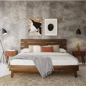 Đồ nội thất giường và đầu giường gỗ tếch rắn cho phòng ngủ màu nâu