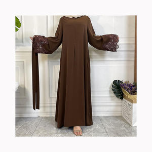 Eid Abaya with Soft Solid Puff Sleeves Silky Kaftan Muslim Dress Dubai Turkey. High Collar Islamic Clothing <b>Cardigan</b> Gulf Abayas - Product Image 4