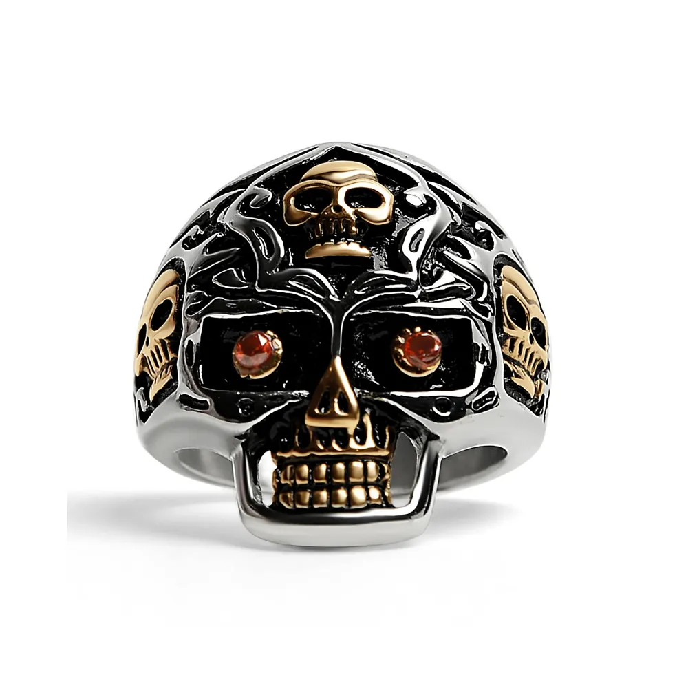 Wholesale Jewelry Top Grade Stainless Steel 18K Gold Plated Red CZ Eyed Filigree Skull Ring for Men & Women