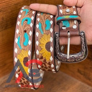 High Quality <b>Leather</b> <b>Belts</b> Hand <b>Tooled</b> Carving Stylish Sunflower <b>Belt</b> Unisex Hot Sale Luxury Gift for Him - Product Image 1