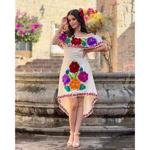 Robe noire à épaules dénudées pour femmes, brodée de fleurs, ourlet haut-bas, robe ethnique bohème, tenue de soirée d'été, robe en coton - Product Image 2