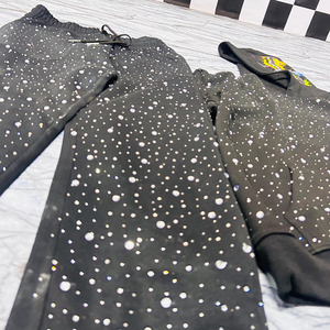 Huili Heavyweight Cotton Sunfaded <b>Washed</b> Rhinestone Hooded Streetwear Two Piece <b>Set</b> Men Custom Logo Printed Hoodie Sweatpants - Product Image 6