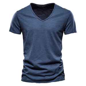 Camiseta de algodón 100% de calidad de marca para hombre, Camiseta con cuello en V, diseño informal, ajustada, manga corta, Jersey sólido de talla grande, bordado transpirable - Product Image 6